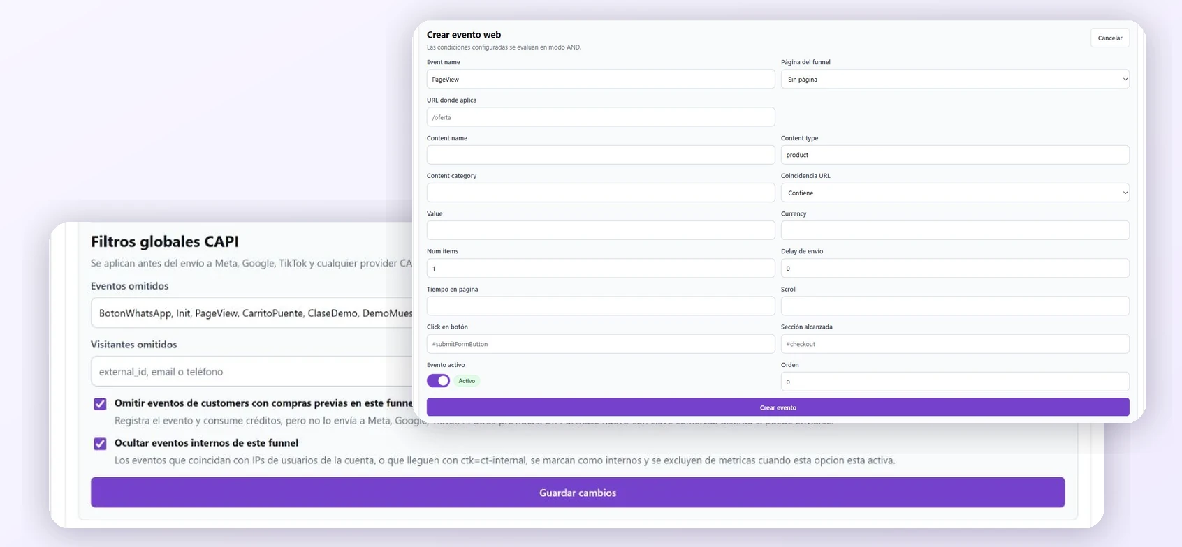 Panel de filtros CAPI con reglas por IP, país, comportamiento y toggle de simulación